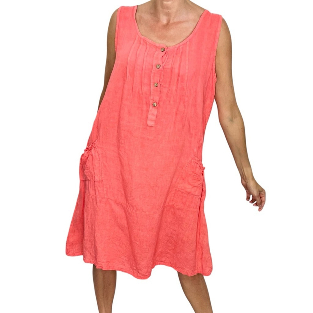 Frocella Italy 100% linen coral a line sleeveless flowy light summer midi dress